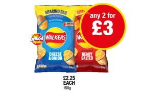 MEGA DEALS: Walkers Cheese & Onion, Ready Salted - Any 2 for £3 at Premier