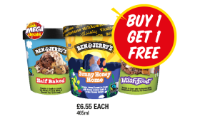 Ben & Jerry's Half Baked, Sunny Honey Home, Phish Food - Buy 1 Get 1 FREE at Premier