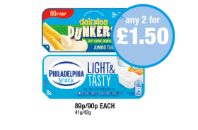 Dairylea Dunkers Jumbo Tubes, Philadelphia Snack Light & Tasty - Any 2 for £1.50 at Premier