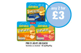 Dairylea Snackers Cheese & Crackers Oreo, Lunchers Chicken 'N' Cheese, Ham 'N' Cheese - Any 2 for £3 at Premier
