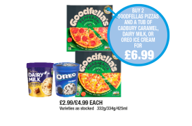 Goodfella's Pizza Pepperoni, Margherita, Dairy Milk Ice Cream Caramel, Oreo - Now Only Buy 2 Goodfella's Pizzas And A Tub of Cadbury Caramel, Dairy Milk Or Oreo Ice Cream for £6.99 at Premier