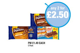 McVities Digestives Slices Milk Chocolate, Caramel Millionaires, Hobnobs Flapjacks - Any 2 for @2.50 at Premier