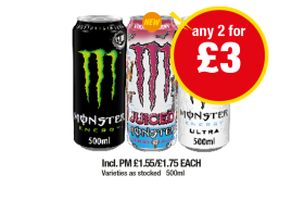 Monster Original, Juiced, Ultra - Any 2 for £3 at Premier