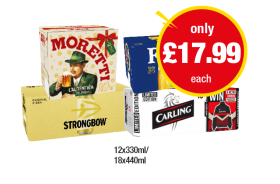 Moretti, Fosters, Strongbow, Carling - Now Only £17.99 at Premier