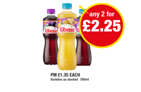 Ribena Blackcurrant, Low Sugar, Pineapple & Passion Fruit - Any 2 for £2.25 at Premier