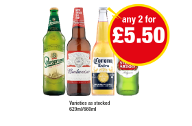 Staropramen, Budweiser, Corona, Stella Artois - Any 2 for £5.50 at Premier