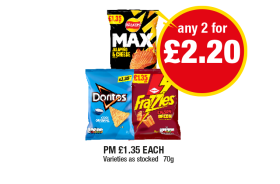 Walkers Max Jalapeno & Cheese, Doritos Cool Original, Frazzles Crispy Bacon - Any 2 for £2.20 at Premier