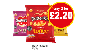 Butterkist Popcorn Toffee, Sweet, Sweet & Salty - Any 2 for £2.20 at Premier