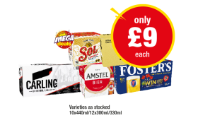 Carling, Sol, Amstel, Strongbow, Fosters - Now Only £9 at Premier