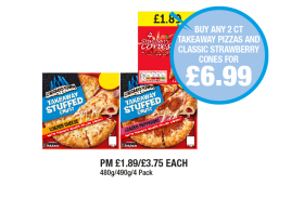 Chicago Town Pizza Takeaway Stuffed Crust Loaded Cheese, Pepperoni, Strawberry Cones - Buy Any 2 Chicago Town Pizas And Classic Strawberry Cones for £6.99 at Premier
