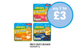 Dairylea Lunchers Ham 'N' Cheese, Chicken 'N' Cheese, Cheese & Crackers Mini Oreo - Any 2 for £3 at Premier