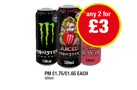 Monster Energy, Juiced Bad Apple, Punch - Any 2 for £3 at Premier