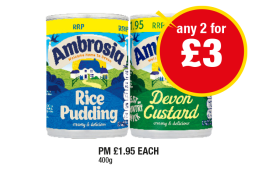 Ambrosia Rice Pudding, Devon Custard - Any 2 for £3 at Premier