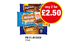 McVities Digestives Milk Chocolate, Caramel Millionaire, Hobnobs Oaty Flapjacks - Any 2 for £2.50 at Premier