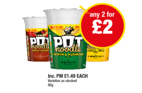 Pot Noodle Beef & Tomato, Chicken & Mushroom, Original Curry - Any 2 for £2 at Premier