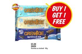 Grenade Salted Caramel, White Chocolate Cookie, Oreo - Now Only Buy 1 Get 1 FREE at Premier