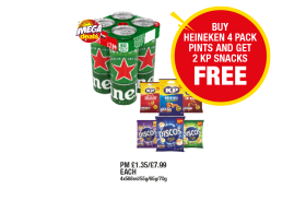 Heineken, KP Original, Thai Chilli, Dry Roasted, Discos Salt & Vinegar, Pickled Onion, Cheese & Onion - Now Only Buy Heineken 4 Pack And Get 2 KP Snacks FREE at Premier