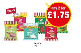 Jack's Fruit Pastilles, Jelly babies, Mint Imperials, Strawberry Pencils, Wine Gums, Mini Gems - Any 2 for £1.75 at Premier