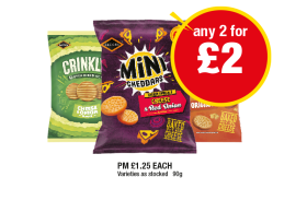 Mini Cheddars Original, Cheese & Red Onion, Crinkly Cheese & Onion - Any 2 for £2 at Premier