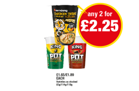 Namdong Chicken Flavour, Pot Noodles Chicken & Mushroom, Beef & Tomato - Any 2 for £2.25 at Premier
