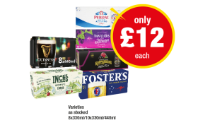 Peroni, Thatchers Apply & Blackcurrant, Guinness, Inch's, Kopparberg Mixed Fruits, Fosters - Now Only £12 at Premier