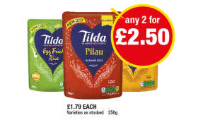 Tilda Rice Pilau, Jasmine, Egg Fried Rice - Any 2 for £2.50 at Premier