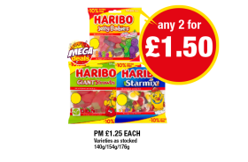 Haribo Jelly Babies, Giant Strawbs, Starmix - Any 2 for £1.50 at Premier