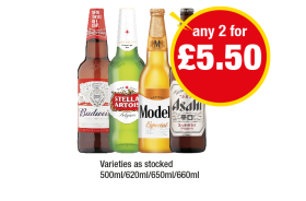 Budweiser, Stella Artois, Modello, Asahi - Any 2 for £5.50 at Premier