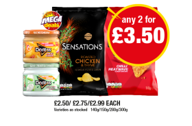 Doritos Chilli Heatwave, Nacho Cheese, Sour Cream & Chive, Sensations Roasted Chicken - Any 2 for £3.50 at Premier