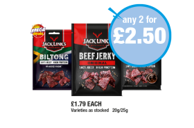 Jack's Link's Biltong, Beef Jerky Original, Teriyaki - Any 2 for £2.50 at Premier