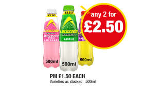 Lucozade Pink Lemonade, Apple, Caribbean Crush - Any 2 for £2.50 at Premier