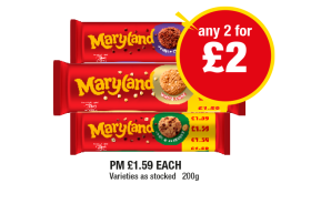 Maryland Cookies Double Choc, White Choc, Choc & Hazelnut - Any 2 for £2 at Premier