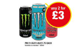 Monster Energy Original, Ultra Fiesta Mango, Punch - Any 2 for £3 at Premier