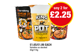 Namdong Noodles Kimchi, Beef, Pot Noodle Curry - Any 2 for £2.25 at Premier