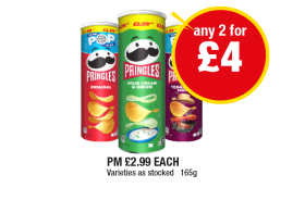 Pringles Original, Sour Cream, Texas BBQ - Any 2 for £4 at Premier