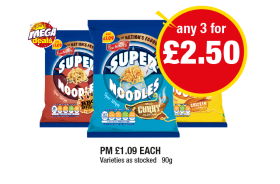Super Noodles BBQ, Mild Curry, Chicken - Any 2 for £2.50 at Premier