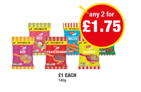 Tangy Mix, Gummy Mix, Giant Strawberries, Fizzy Rainbow Belts, Sour Snakes, Strawberry Pencils - Any 2 for £1.75 at Premier