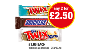 Twix Salted Caramel Xtra, White Xtra, Snickers Duo - Any 2 for £2.50 at Premier