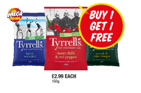 Tyrrells Lightly Salted, Sweet Chilli & red Pepper, Sea Salt & Vinegar - Now Only Buy 1 Get 1 FREE at Premier