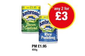 Ambrosia Devon Custard, Rice Pudding - Any 2 for £3 at Premier