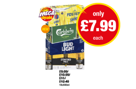 MEGA DEALS: Foster's Shandy, Carlsberg, Bud Light, Stowford Press - Now Only £7.99 each at Premier
