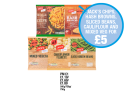 Jack's Crinkle Cut Chips, Hash Browns, Mixed Vegetables, Cauliflower Florets, Sliced Green Beans - Jack's Chips, Hash Browns, Sliced Beans, Cauliflower And Mixed Veg For £5 at Premier