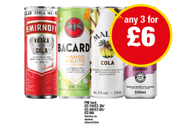 Smirnoff Vodka Cola, Bacardi Mango Mojito, Malibu Cola, White Claw Black Cherry - Any 3 for £6 at Premier