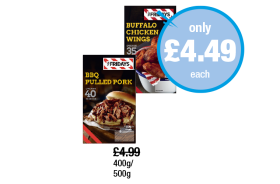 TGI Friday Buffalo Chicken Wings, BBQ Pulled Pork - Now Only £4.49 each at Premier