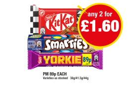 KitKat, Smarties, Yorkie Raisin & Biscuit - Any 2 for £1.60 at Premier