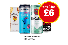 Malibu Cola, Funkin Blue Raspberry Martini, Bacardi, Jack Daniels Cola - Any 3 for £6 at Premier