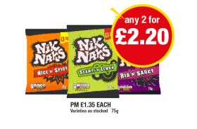 Nik Naks Nice 'N' Spicy, Scampi 'N' Lemon, Rib 'N' Saucy - Any 2 for £2.20 at Premier