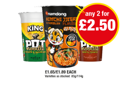 Pot Noodle, Beef & Tomato, Namdong Kimchi Flavour - Any 2 for £2.50 at Premier