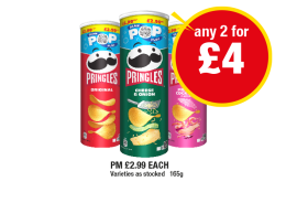 Pringles Original, Cheese & Onion, Prawn Cocktail - Any 2 for £4 at Premier