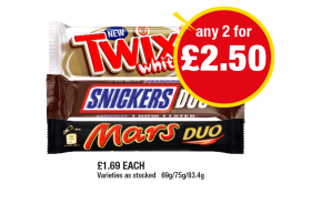 Twix White Xtra, Snickers Duo, Mars Duo - Any 2 for £2.50 at Premier